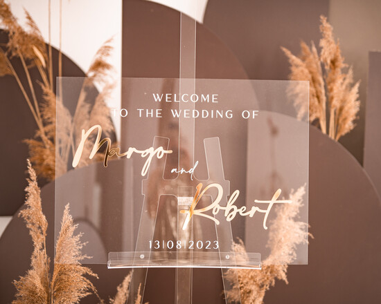 Plany stołów na pleksie - akryl Tablica powitalna slubna glamour, elegancka powitalna plansza ze złotymi literami, rama powitanie na 01/ZLzes/PLpp