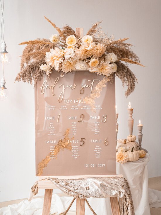 Plany stołów na pleksie - akryl złoty plan stołów, plansza powitanie gości i plan stołów w jednym, akrylowy plan stołów, nowoczesna  01/PLXbez/PL