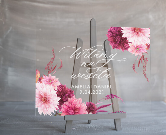 Plany stołów na pleksie - akryl Powitanie gości na weselu przezroczysta tablica   Plexi Witamy na weselu tablica z powitaniem gości  16/akrylP/PL