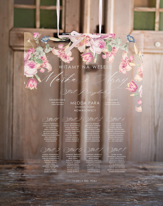 Plany stołów na pleksie - akryl Przeźroczysta plansza powitanie gości i plan stołów w jednym   Powitanie gości na weselu przezroczys 5/akryl/PL