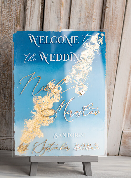 Plany stołów na pleksie - akryl Tablica powitanie na weselu, elegancka powitalna plansza ze złotymi literami, rama powitanie na wese 01/OMBblue/PLpp