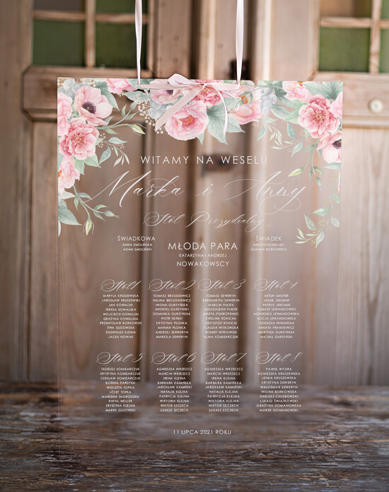 Plany stołów na pleksie - akryl Przeźroczysta plansza powitanie gości i plan stołów w jednym   Powitanie gości na weselu przezroczys 4/akryl/PL