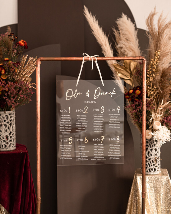 Plany stołów na pleksie - akryl plansza powitanie gości i plan stołów w jednym, akrylowy plan stołów, nowoczesna plansza usadzenia g 01/ZLzes/PL