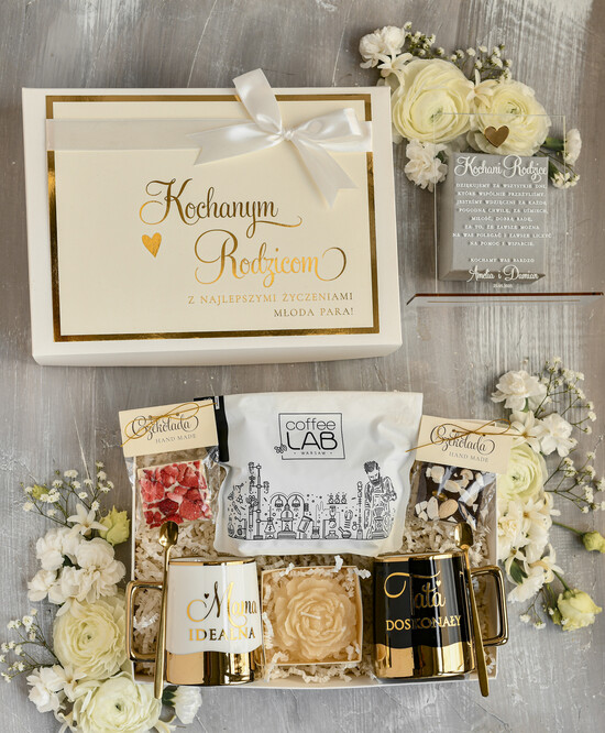 Prezenty, Podziękowania dla Rodziców zestawy prezentowe kubki filiżanki Ślubne Podziękowania dla Rodziców, zestaw prezentowy kubki dla Rodziców od Młodej Pary, Box presonal 11b/boxFIL/BoxRodz