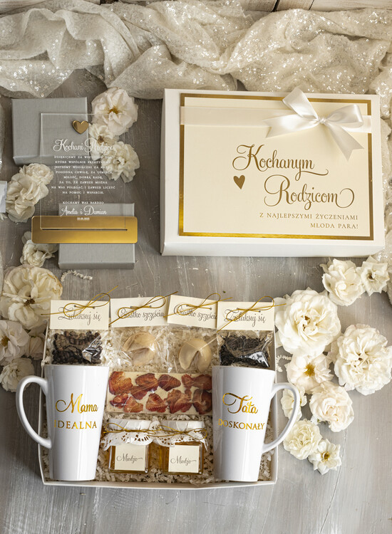 Prezenty, Podziękowania dla Rodziców zestawy prezentowe kubki filiżanki Ślubne Podziękowania dla Rodziców, zestaw prezentowy kubki dla Rodziców od Młodej Pary, Box presonal 06/boxFIL/BoxRodz