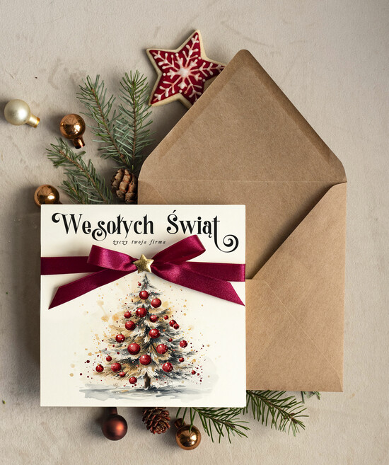 Kartki świąteczne z logo firmy Kokardki  bozonarodzeniowe kartki swiateczne z logo firmy, firmowa biznesowa kartka świąteczna z choinką, eleg 12/MKJB/ksw