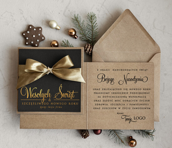 Kartki świąteczne z logo firmy Kokardki  Złocone kartki na święta z logo firmy, świąteczna kartka biznesowa z kokardą, nowoczesna firmowa kar 01/riZLkokDEco/ksw