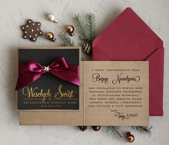 Kartki świąteczne z logo firmy Kokardki  Złocone kartki na święta z logo firmy, świąteczna kartka biznesowa z kokardką i złotymi napisami, no 02/riZLkokDEco/ksw