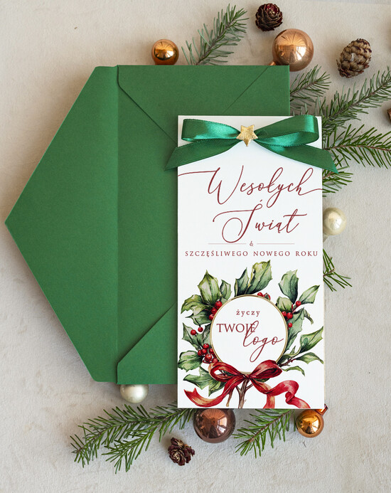 Kartki świąteczne z logo firmy Kokardki  biznesowe kartki świąteczne z logo, karnety bożonarodzeniowe i na nowy rok z kokardką 33/MKJB/ksw