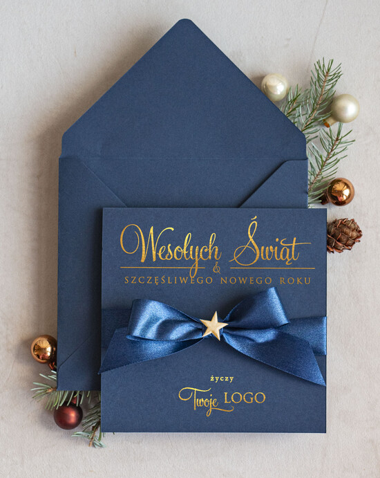 Kartki świąteczne z logo firmy Kokardki  Złocone kartki na święta z logo firmy, świąteczna kartka biznesowa z kokardką i złotymi napisami, no 01/riZLkok/ksw