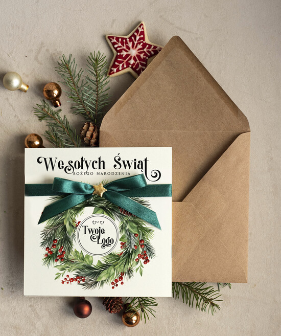 Kartki świąteczne z logo firmy Kokardki  bozonarodzeniowe kartki swiateczne z logo firmy, firmowa biznesowa kartka świąteczna, eko kartki świ 28/MKJB/ksw