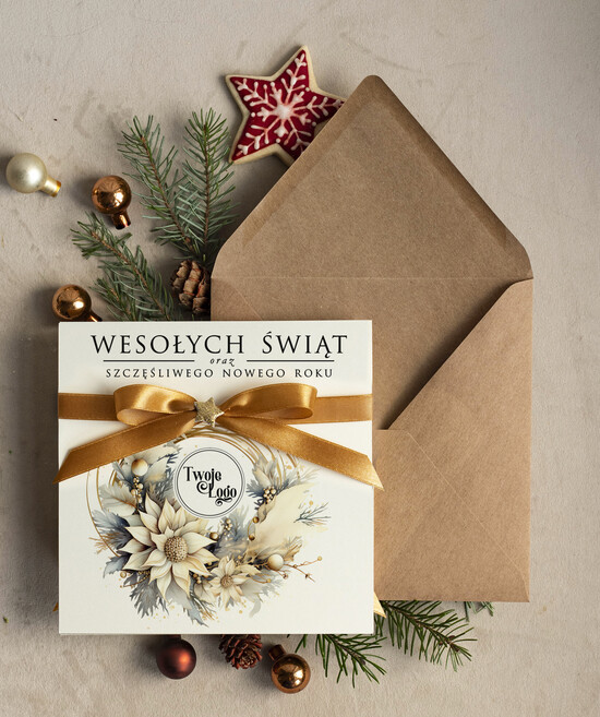 Kartki świąteczne z logo firmy Kokardki  bozonarodzeniowe kartki swiateczne z logo firmy, firmowa biznesowa kartka świąteczna, eleganckie kar 27/MKJB/ksw
