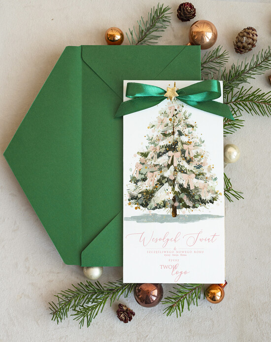 Kartki świąteczne z logo firmy Kokardki  kartki świąteczne dla firm z logo, składane bożonarodzeniowe kartki z kokardką 34/MKJB/ksw