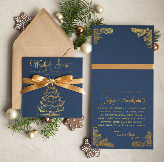 Kartki świąteczne z logo firmy Kokardki  kartka świąteczna z logo firmy, złocone kartki bozonarodzeniowe dla klientów, biznesowe kartki świąt 11/riZLkok/ksw