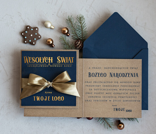 Kartki świąteczne z logo firmy Kokardki  Złocone kartki na święta z logo firmy, świąteczna kartka biznesowa z kokardką i złotymi napisami, no 05/riZLkokDEco/ksw