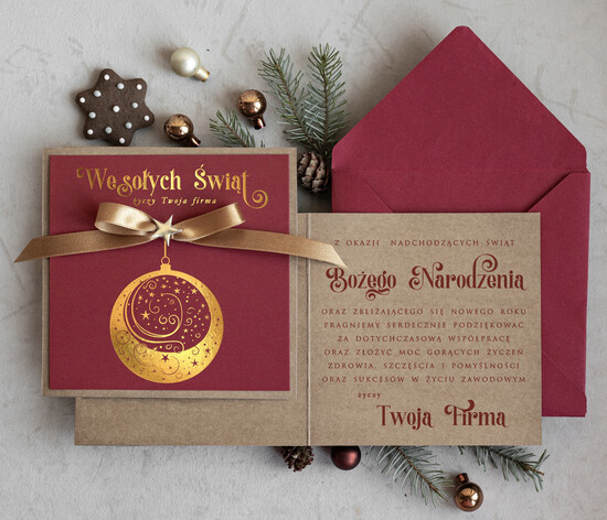 Kartki świąteczne z logo firmy Kokardki  Złocone kartki na święta z logo firmy, świąteczna kartka biznesowa z kokardką zloconą bombką, nowocz 01/riZLkokEco/ksw