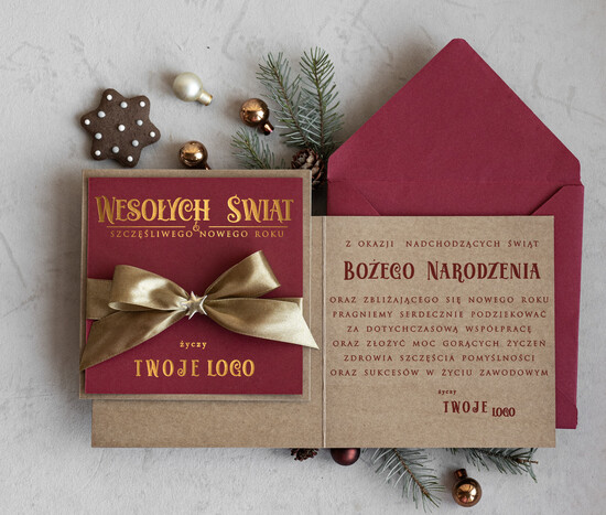 Kartki świąteczne z logo firmy Kokardki  Złocone kartki na święta z logo firmy, świąteczna kartka biznesowa z kokardką i welurem, nowoczesna  04/riZLkokDEco/ksw