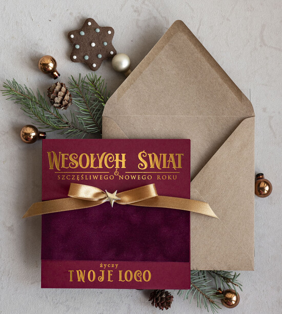 Kartki świąteczne z logo firmy Kokardki  Złocone kartki na święta z logo firmy, świąteczna kartka biznesowa z kokardką i welurem, nowoczesna  04/riVelKok/ksw