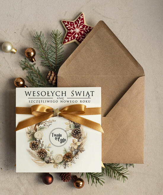 Kartki świąteczne z logo firmy Kokardki  bożonarodzeniowe kartki swiateczne z logo firmy, firmowa biznesowa kartka świąteczna, firmowe kartki 26/MKJB/ksw