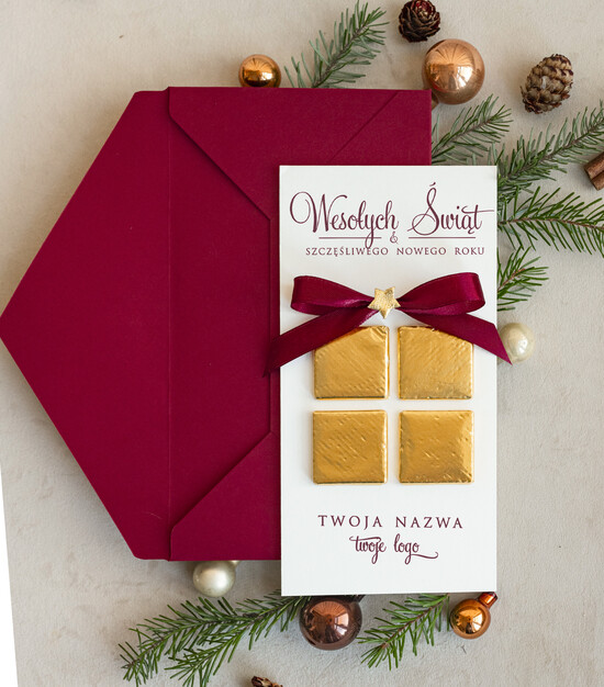 Kartki świąteczne z logo firmy elegance kartka świąteczna z czekoladką dla firmy z logo biznesowe kartki swiateczne dla firm z pralinką 02/PLpra/krsw