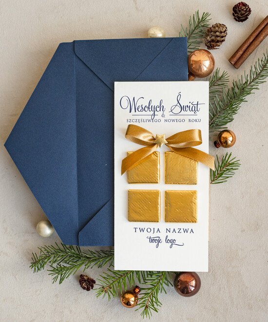 Kartki świąteczne z logo firmy elegance kartka świąteczna z czekoladką dla firmy z logo biznesowe kartki swiateczne dla firm z pralinką 01/PLpra/krsw