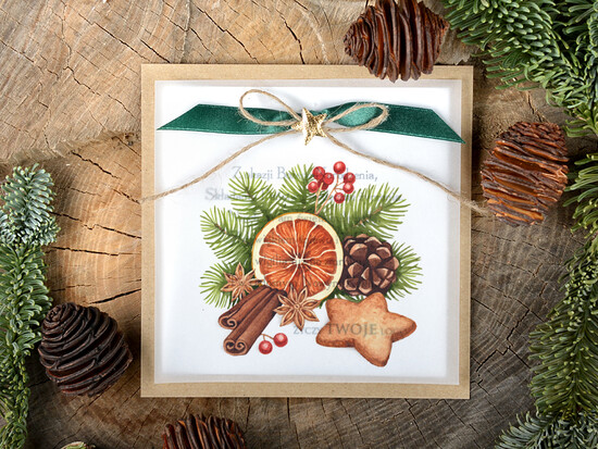 Kartki świąteczne z logo firmy retro kartka świąteczna dla firmy z logo, eco brąz ze sznurkiem 03/kra/ksw