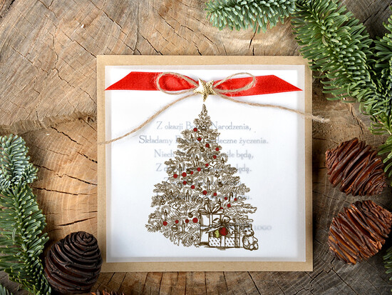 Kartki świąteczne z logo firmy retro kartki świąteczne dla firm z logo, kalkowe ze wstążką 04/retro/ksw