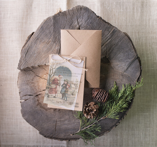 Kartki świąteczne z logo firmy retro kartki świąteczne dla firmy z logo, eco brąz z kalką 06/bkal/ksw