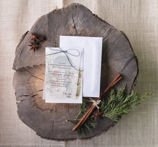 Kartki świąteczne z logo firmy retro firmowe kartki bozonoarodzeniowe z logo, retro ze sznurkiem i wstążką 07/kal/ksw