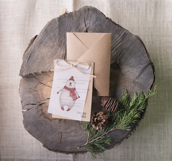 Kartki świąteczne z logo firmy retro kartka świąteczna dla firmy z logo, retro ze sznurkiem i wstążką 11/bkal/ksw