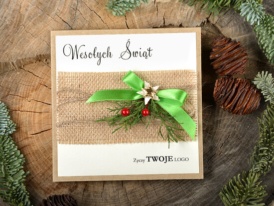 Kartki świąteczne z logo firmy natural kartki świąteczne z logo twojej firmy, naturalne ze wstążką 02/rustic/ksw