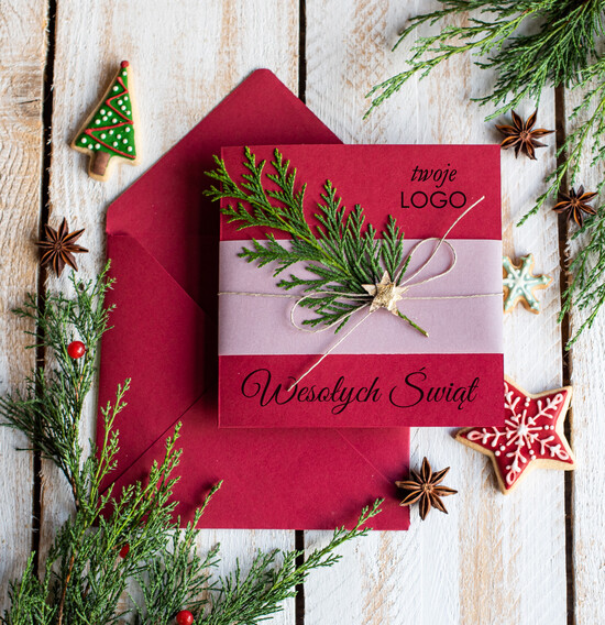 Kartki świąteczne z logo firmy natural kartki świąteczne dla firm z logo, naturalne z drewnianą zawieszką 06/rus/ksw