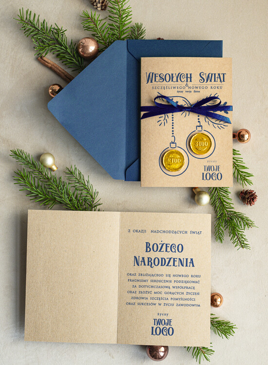 Kartki świąteczne z logo firmy natural kartka świąteczna z logo waszej firmy, ręcznie robione kartki świąteczne z czekoladką, kartki na świ 04/rCzeko3/ksw