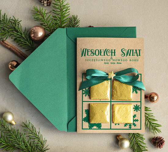 Kartki świąteczne z logo firmy natural kartka świąteczna z logo waszej firmy, ręcznie robione kartki świąteczne z czekoladką, kartki na świ 01/rCzeko2/ksw