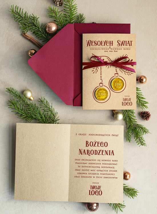 Kartki świąteczne z logo firmy natural kartka świąteczna z logo waszej firmy, ręcznie robione kartki świąteczne z czekoladką, kartki na świ 03/rCzeko3/ksw