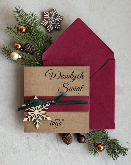 Kartki świąteczne z logo firmy natural kartka świąteczna z logo firmy naturalna ekologiczna kartka bozonarodzeniowa z drewnianą zawieszką,  01/rusB/ksw