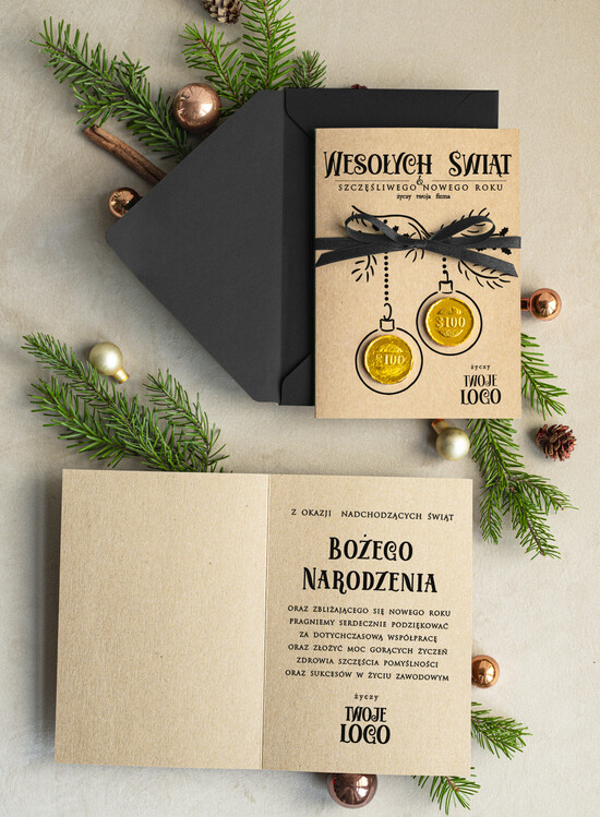 Kartki świąteczne z logo firmy natural kartka świąteczna z logo waszej firmy, ręcznie robione kartki świąteczne z czekoladką, kartki na świ 02/rCzeko3/ksw