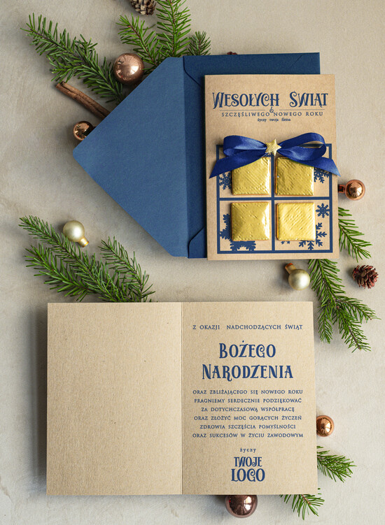 Kartki świąteczne z logo firmy natural kartka świąteczna z logo waszej firmy, ręcznie robione kartki świąteczne z czekoladką, kartki na świ 02/rCzeko2/ksw