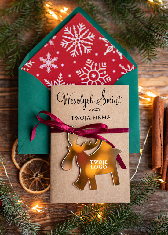 Kartki świąteczne z logo firmy z magnesem lub zawieszką na choinkę kartki świąteczne dla firm Złota bombka zawieszka na choinke z Logo firmy świateczna kartka firmowa  05/mgPX/ksw