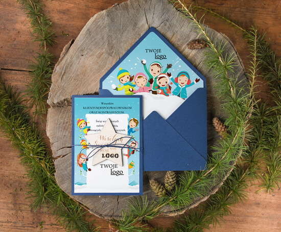 Kartki świąteczne z logo firmy z magnesem lub zawieszką na choinkę firmowe kartki swiateczne z logo, kartki z drewnianą bombką 20/mag/ksw
