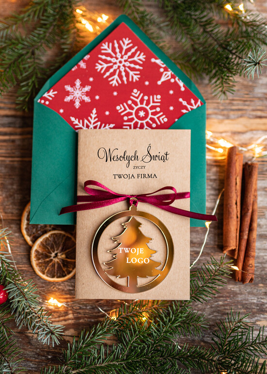 Kartki świąteczne z logo firmy z magnesem lub zawieszką na choinkę kartka świąteczna dla firmy z logo, kolorowe kartki bożonarodzeniowe z zawieszką na choinkę, złota b 07/mgPX/ksw