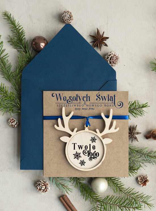 Kartki świąteczne z logo firmy z magnesem lub zawieszką na choinkę Bombka renifer zawieszka na choinkę i  kartka świateczna dla Firm, kartki swiateczne z logo, bizneso 01/mgokZW/ksw