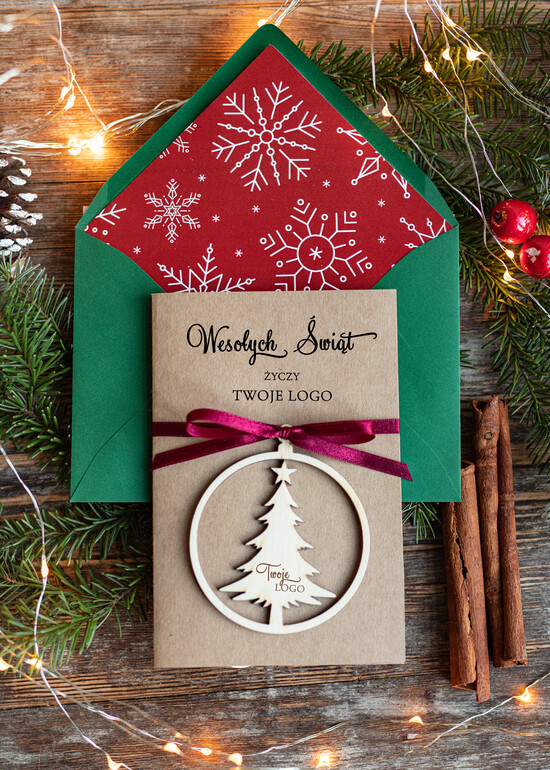Kartki świąteczne z logo firmy z magnesem lub zawieszką na choinkę kartki świąteczne dla firmy z logo kartki z drewnianą bombką   kartki świąteczne dla firm Drewniana  68/mag/ksw
