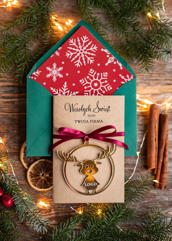 Kartki świąteczne z logo firmy z magnesem lub zawieszką na choinkę kartki świąteczne dla firm Złota bombka zawieszka na choinke z Logo firmy świateczna kartka firmowa  04/mgPX/ksw