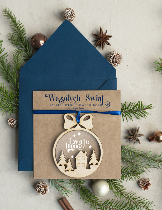 Kartki świąteczne z logo firmy z magnesem lub zawieszką na choinkę Bombka domek zawieszka na choinkę i  kartka świateczna dla Firm, kartki swiateczne z logo, biznesowa 04/mgokZW/ksw