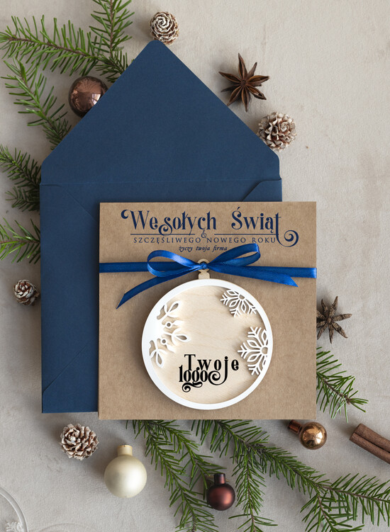 Kartki świąteczne z logo firmy z magnesem lub zawieszką na choinkę Bombka snieżynka zawieszka na choinkę i  kartka świateczna dla Firm, kartki swiateczne z logo, bizne 05/mgokZW/ksw