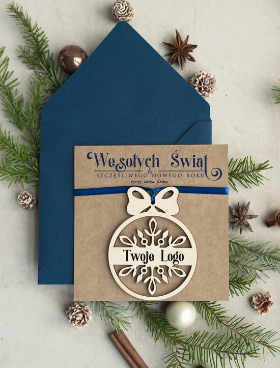 Kartki świąteczne z logo firmy z magnesem lub zawieszką na choinkę Bombka śnieżynka zawieszka na choinkę i  kartka świateczna dla Firm, kartki swiateczne z logo, bizne 03/mgokZW/ksw