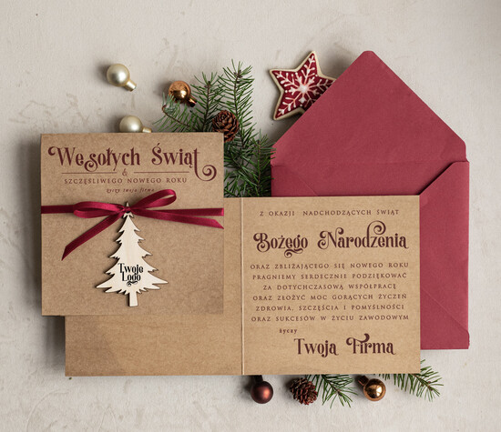 Kartki świąteczne z logo firmy z magnesem lub zawieszką na choinkę bożonarodzeniowa kartka świateczna dla Firm, kartki swiateczne z logo twojej firmy, biznesowa kartka 03/mgDRKW/ksw