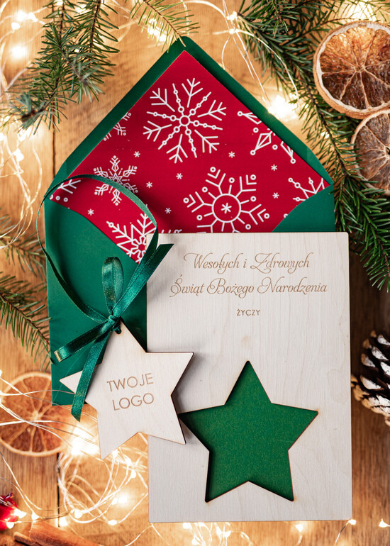 Kartki świąteczne z logo firmy z magnesem lub zawieszką na choinkę kartki świąteczne dla firm Drewniana bombka zawieszka na choinke z Logo firmy świateczna kartka firm 102/choinka/ksw