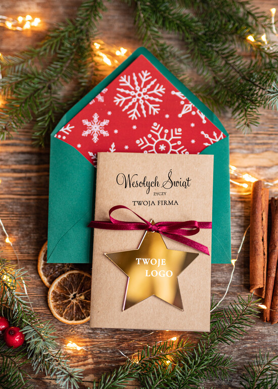 Kartki świąteczne z logo firmy z magnesem lub zawieszką na choinkę kartki świąteczne dla firm Złota bombka zawieszka na choinke z Logo firmy świateczna kartka firmowa  01/mgPX/ksw